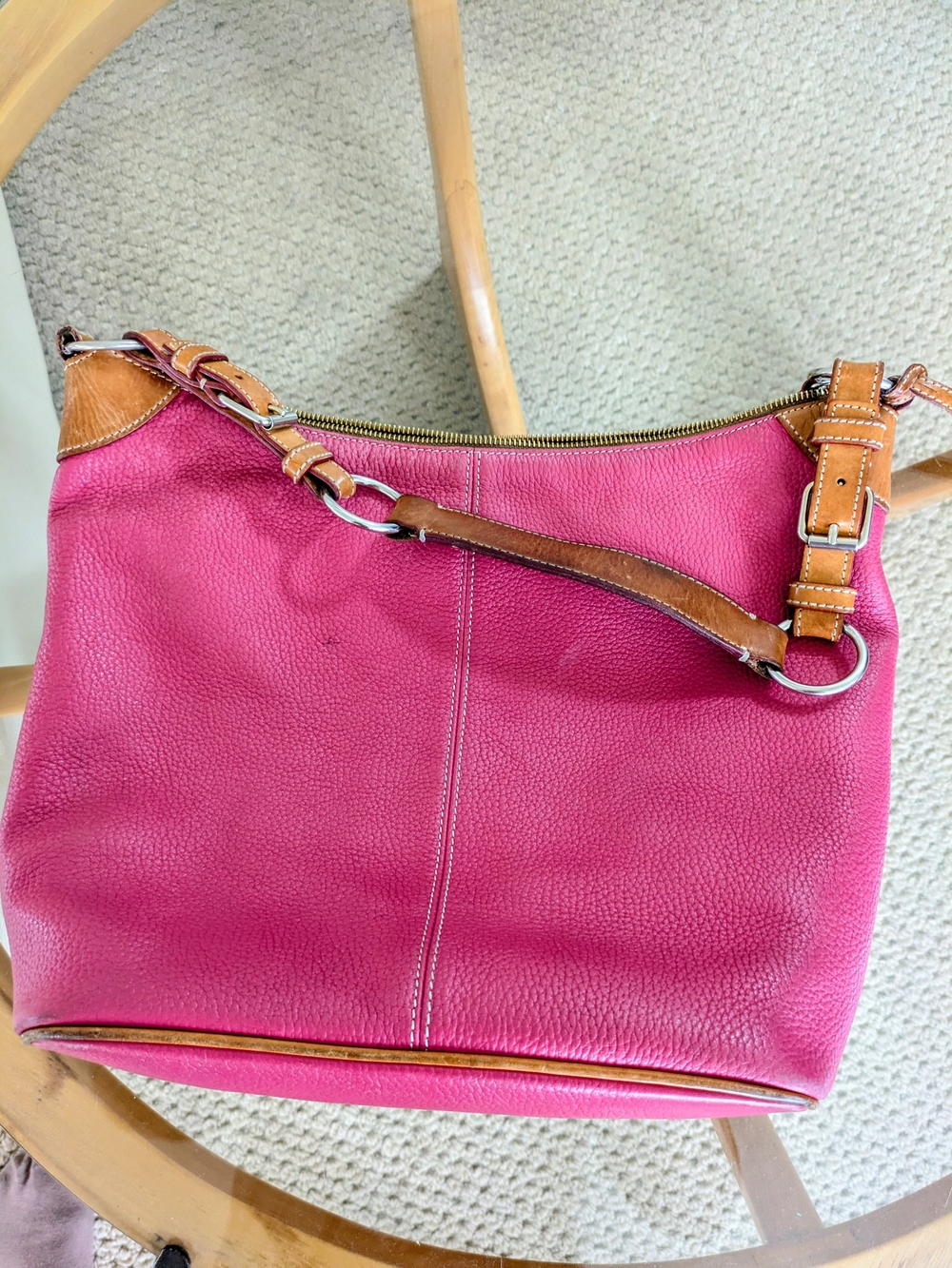 Dooney & Bourke Fuchsia Leather Shoulder Bag with Tan Trim